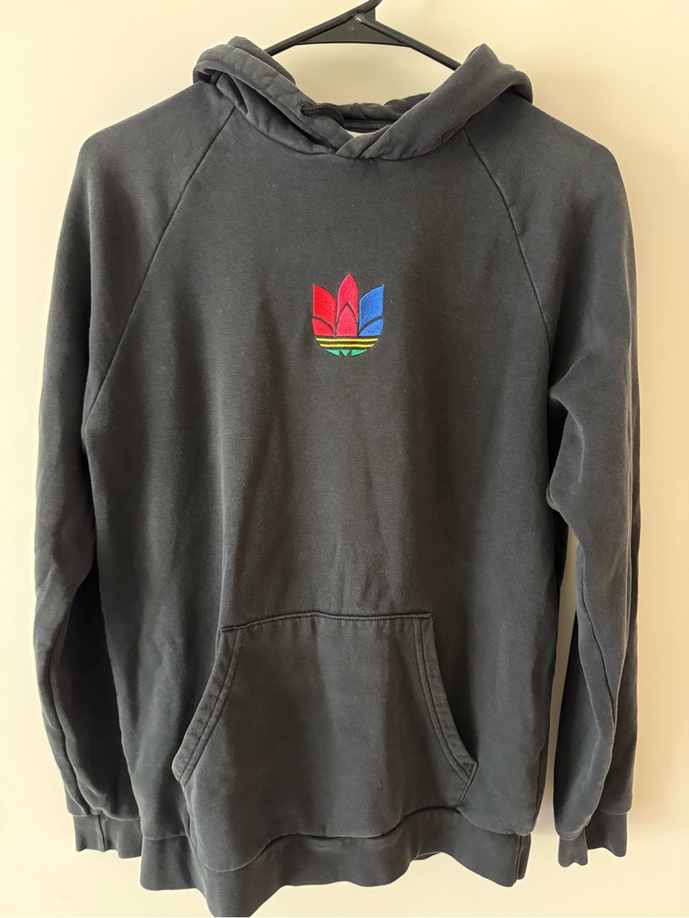 adidas Black Hoodie with Small Multicolor Trefoil Emblem